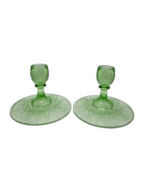 Uranium Glass Candleholders 1930s UV Glow Hocking Cameo Ballerina Green